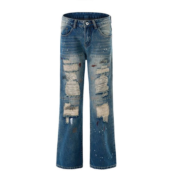 Men's Clothing High Street Ripped Jeans Straight Leg Piled Up Flared Trousers_mkmklike.com