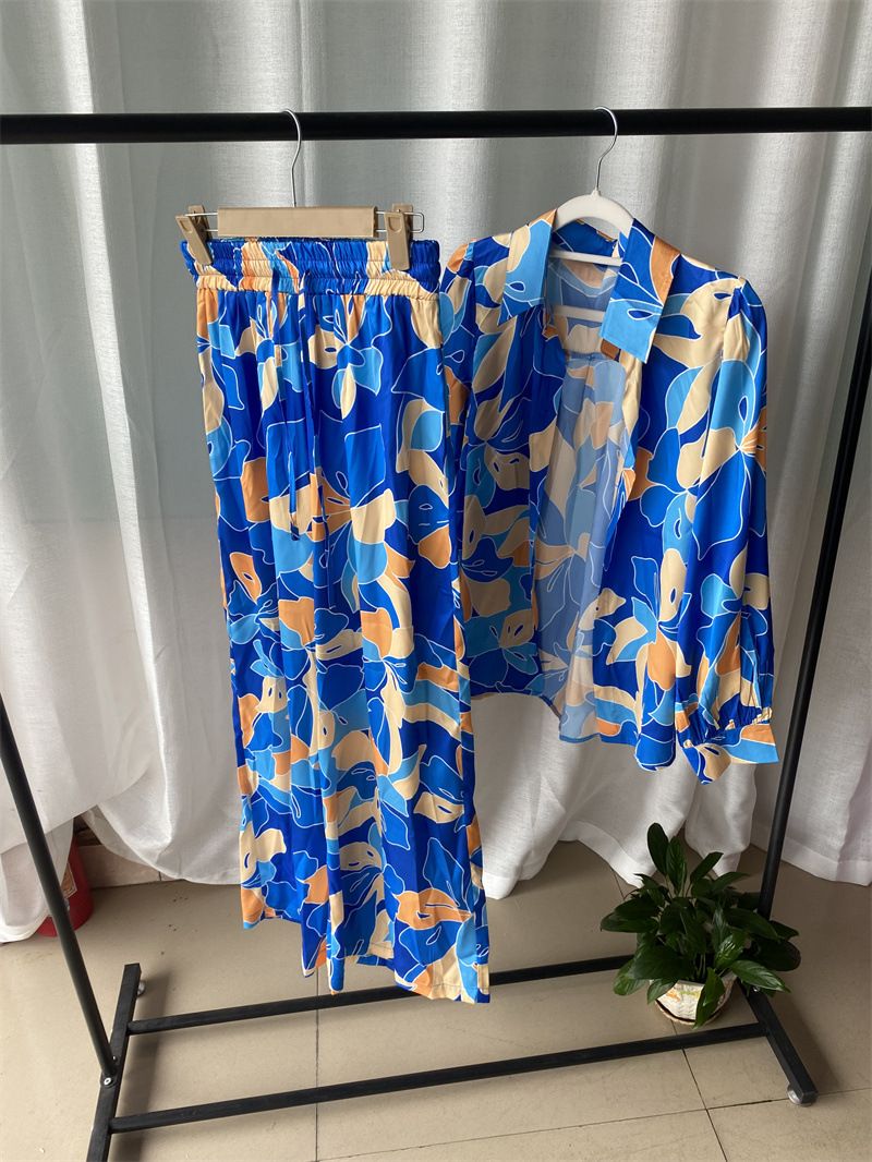 Women's Clothing new fashion printed bubble long-sleeved shirt lace-up wide-leg pants two-piece suit_mkmklike.com