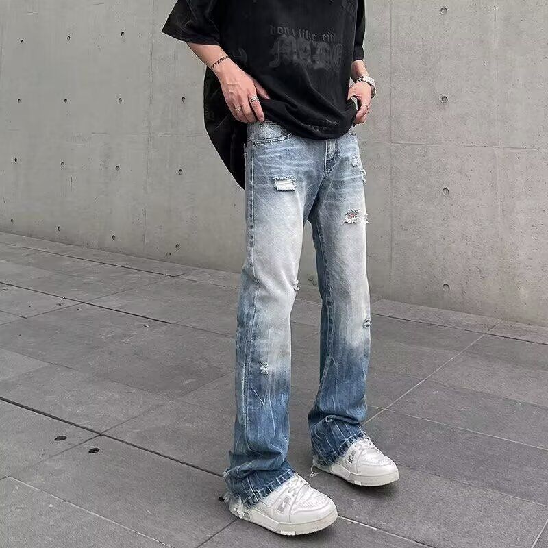 Men's Clothing Men's Style Ripped Denim Jeans Lightning Bolt Pattern Washed Loose Fit Straight Leg Slightly Flared Slimming Clean Fit_mkmklike.com