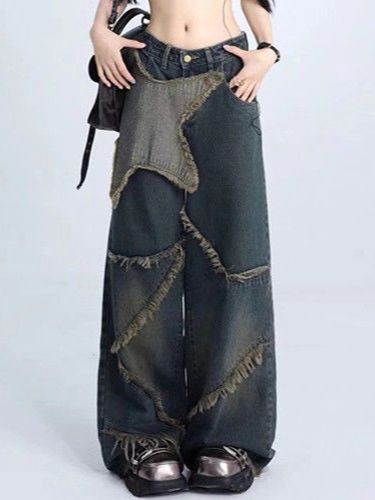 Women's Retro Star Jeans Multi Pocket Lace Up High Street Loose Straight Leg Cargo Denim Spring_mkmklike.com