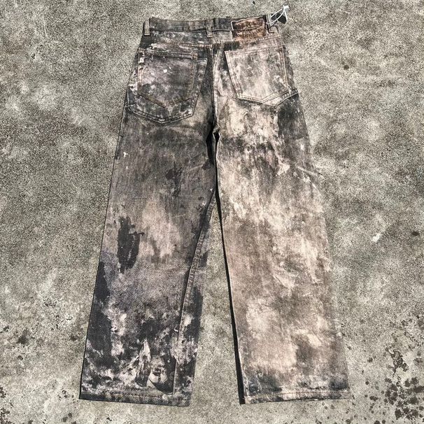 Distressed Graffiti Wide-Leg Jeans – 3d Printed Streetwear Denim With Button Fly, Oversized Straight Cut For Men & Women (As Pictured)_mkmklike.com