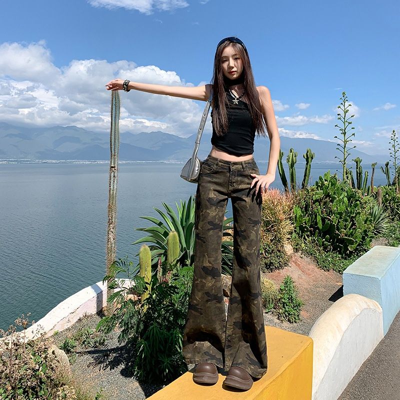 Camouflage Micro-flared Jeans For Women, Summer 2025, Low-waisted, Non-clammy, Slimming, American-style Retro Flared_mkmklike.com