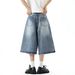 American Buckle Denim Shorts Men's And Women's Summer Retro Washed Seven-point Pants High Street Design Wide-leg Medium Pants_mkmklike.com