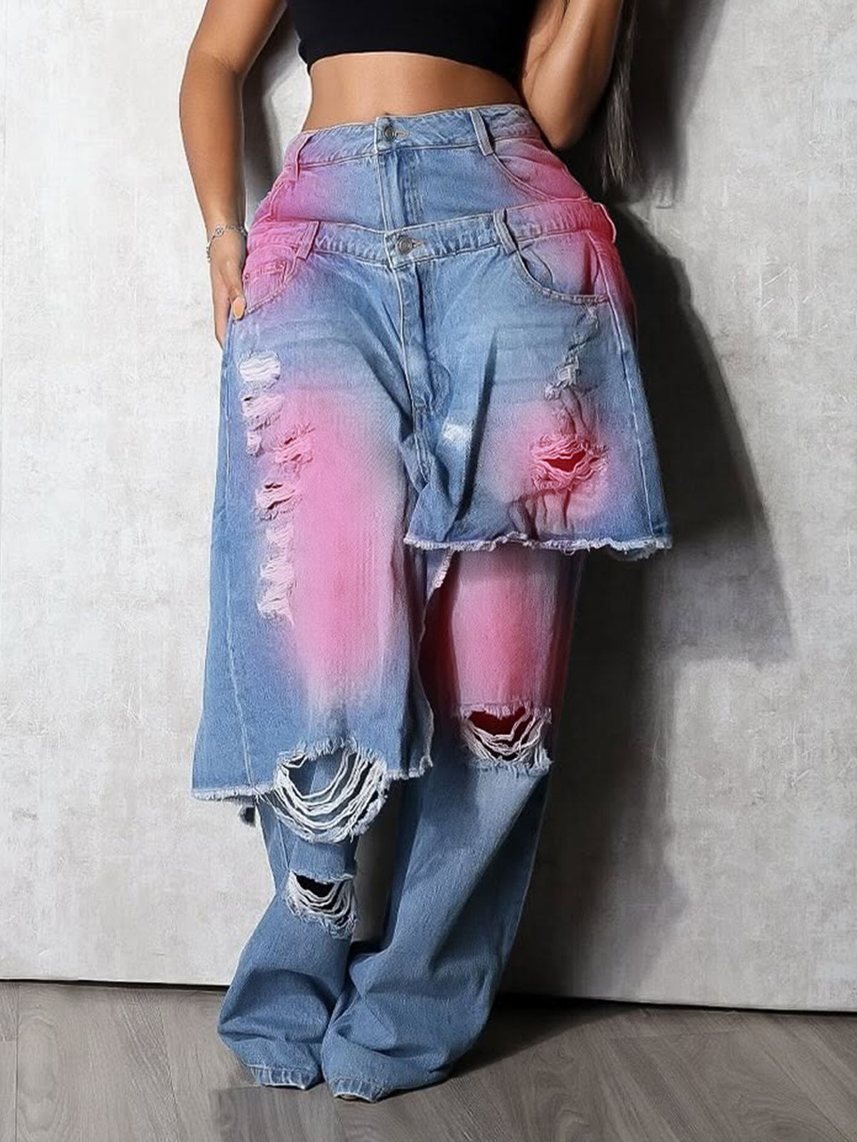 Women's Autumn/Winter Fashion Washed Distressed Denim Jeans Loose Stretch Patchwork Two Piece Trousers_mkmklike.com