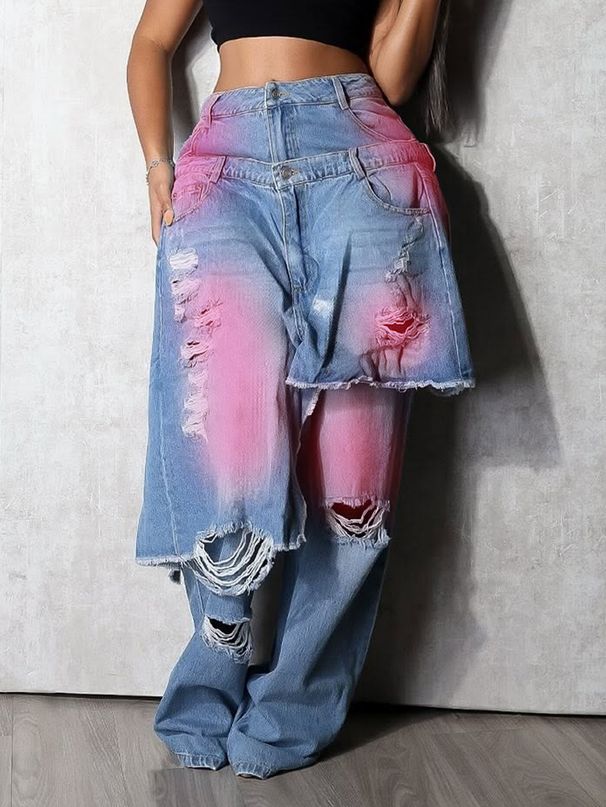 Women's Autumn/Winter Fashion Washed Distressed Denim Jeans Loose Stretch Patchwork Two Piece Trousers_mkmklike.com