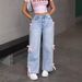 Snow-Washed High-Waisted Wide-Leg Jeans – Distressed Denim With Bow Accent (Light Blue)_mkmklike.com