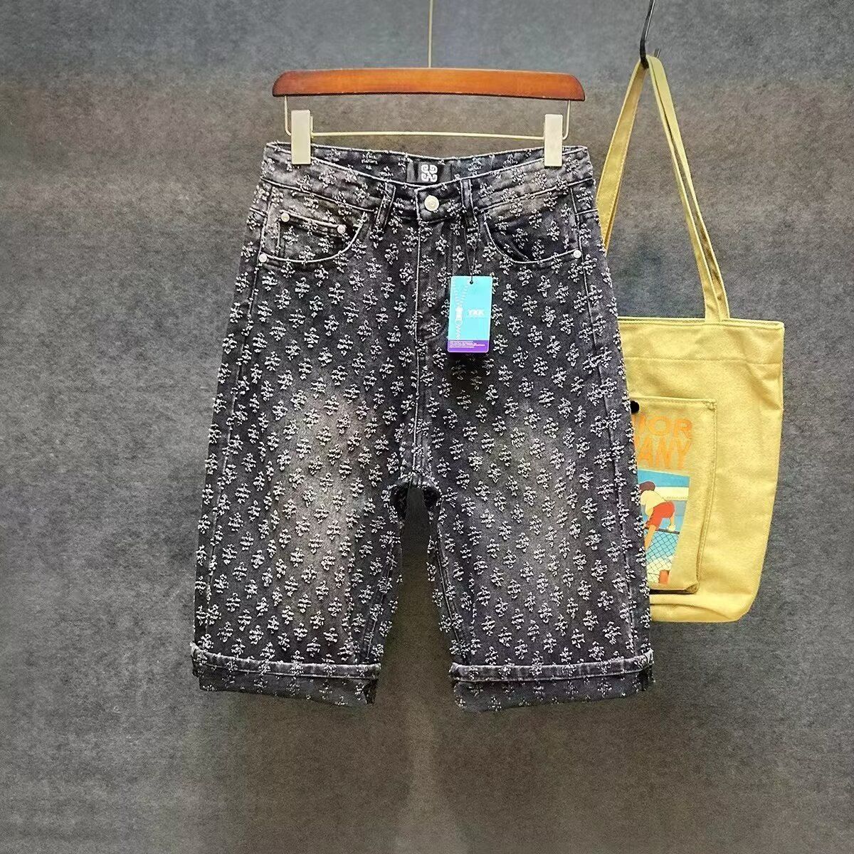 Men's Trendy High Street Jacquard Ripped Denim Shorts Design Niche Loose Straight Retro Five Point Summer Brand Pants_mkmklike.com