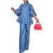 K Women's New Pure Color Denim High Neck Button Straight Leg Pants Suit;_mkmklike.com