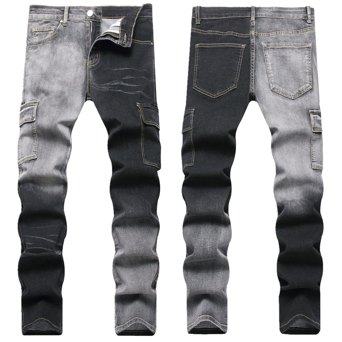 In Stock 2025 European American Fashion Street Style Slim Straight Black And Gray Color Block Men's Denim Pants_mkmklike.com