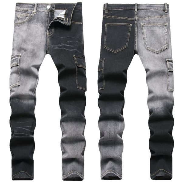 In Stock 2025 European American Fashion Street Style Slim Straight Black And Gray Color Block Men's Denim Pants_mkmklike.com
