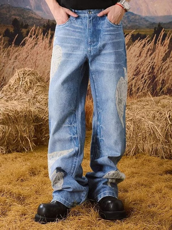 Men's Clothing Retro Washed Sexy Lace Casual Jeans For Women, New Autumn/winter Style, Loose Fit, Straight Leg, Wide Leg Trousers_mkmklike.com