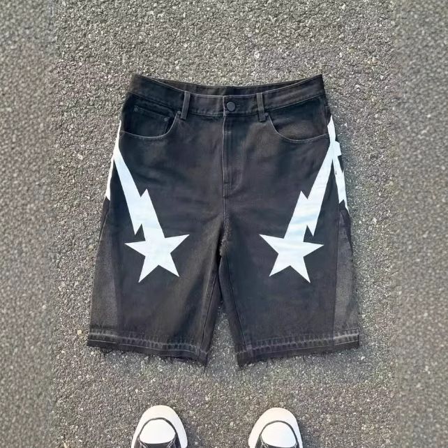Men's Clothing Retro Printed Denim Shorts Men's High Street Design Straight Pants Loose Versatile Shorts Trend_mkmklike.com