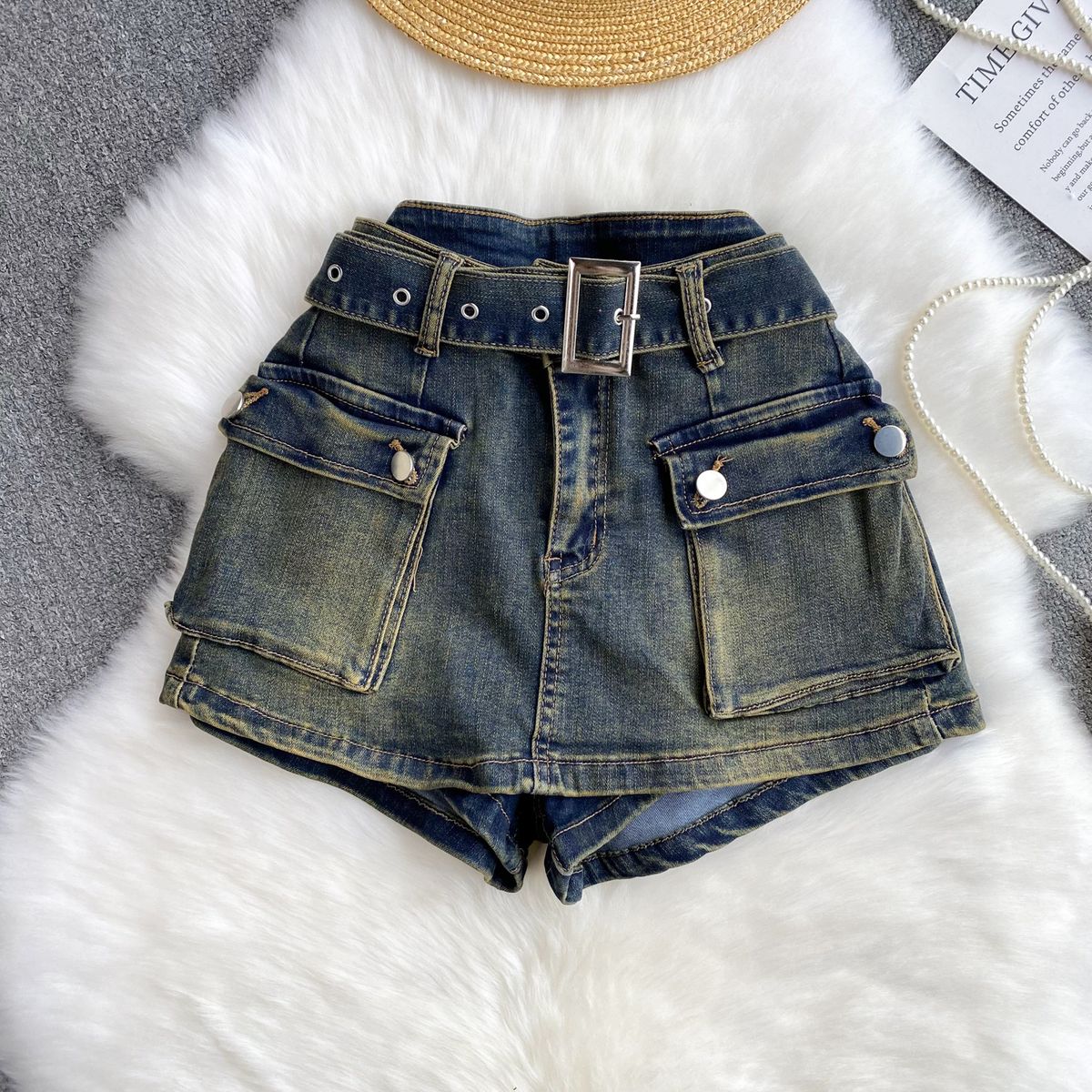 Women's Retro High Waist Denim Shorts - Distressed Wide Leg Workwear Style, Vintage American Fit_mkmklike.com
