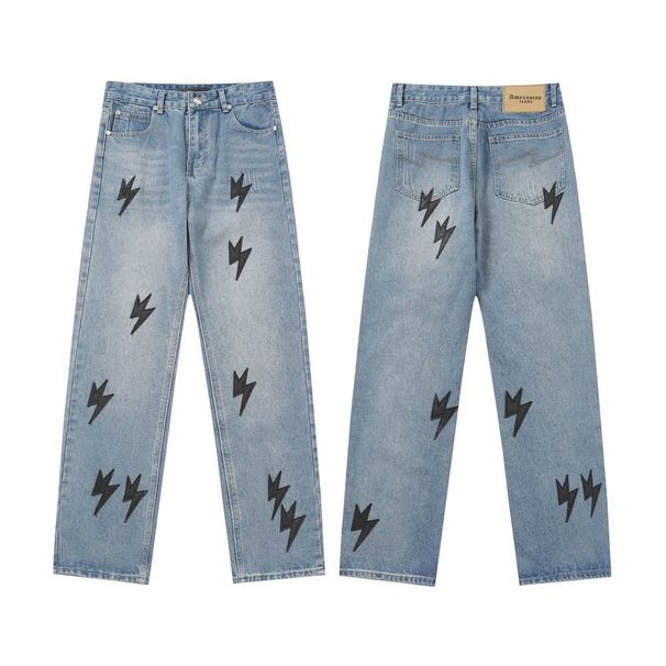 Original Shibuya Limited Washed Loose Straight Colorful Embroidered Lightning Jeans For Men And Women_mkmklike.com