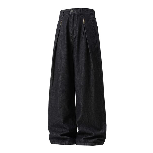 Men's Raw Denim Retro Black Jeans Straight Leg Loose Fit Casual Long Pants Textured Handmade Triangular Needle Embroidery Spring Style_mkmklike.com