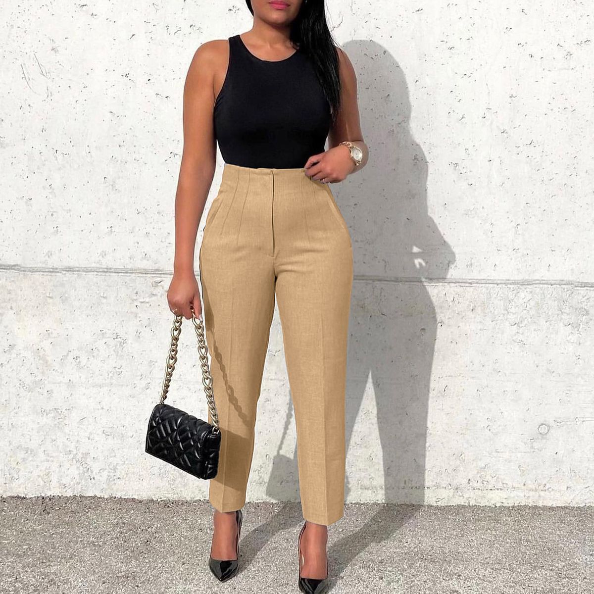 Women's clothing plus size fashion temperament casual slim high waist trousers solid color African professional pants_mkmklike.com