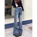 Vintage American Style High Waist Wide Leg Jeans For Women - Retro Blue Distressed Denim Flared Trousers With Drop Hem_mkmklike.com