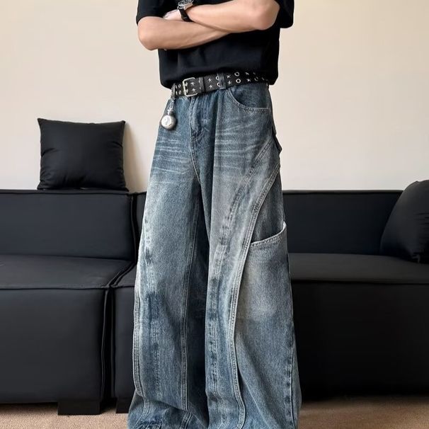 Unisex Retro American Washed Deconstructed Curved Blade Jeans Trendy Straight Leg Relaxed Fit Wide Leg Floor Length_mkmklike.com