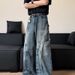 Unisex Retro American Washed Deconstructed Curved Blade Jeans Trendy Straight Leg Relaxed Fit Wide Leg Floor Length_mkmklike.com
