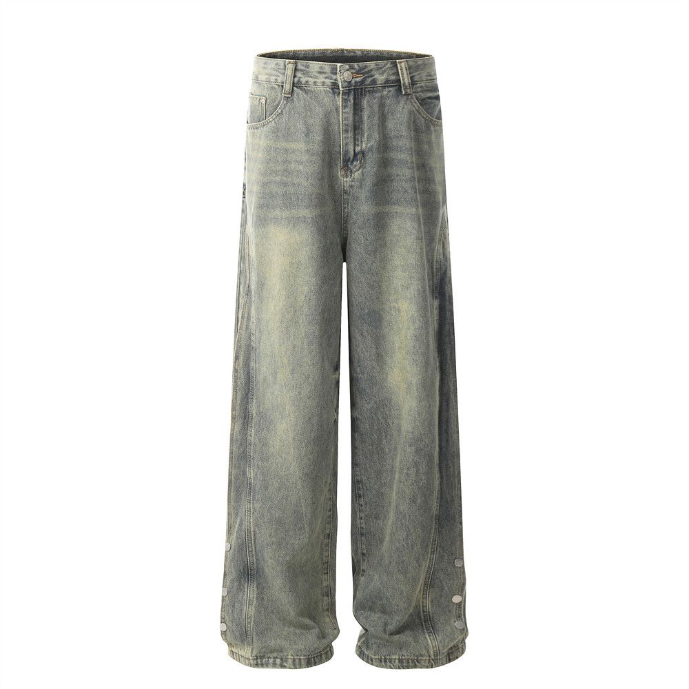 Wasteland Style Vintage Washed Denim Men's Vibe Trend Side Split Stitching Design Straight Pants_mkmklike.com
