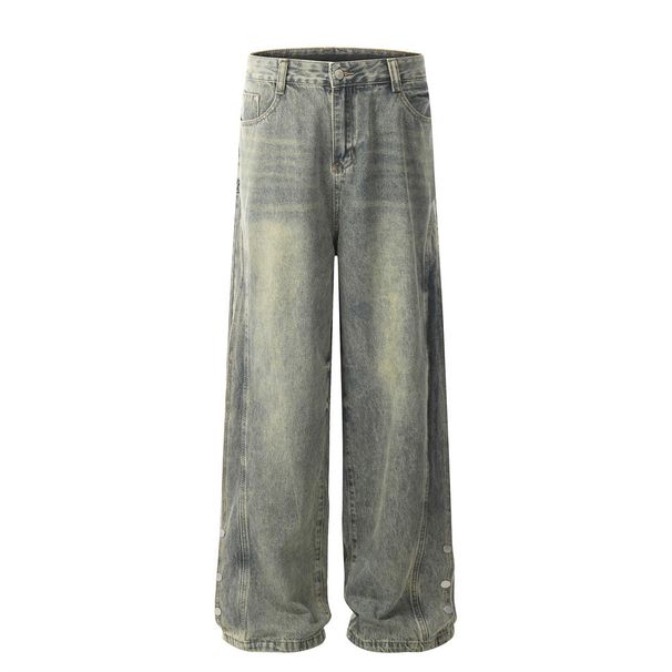 Wasteland Style Vintage Washed Denim Men's Vibe Trend Side Split Stitching Design Straight Pants_mkmklike.com