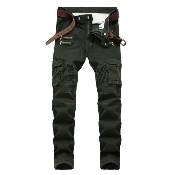 Men's Slim Fit Stretch Cargo Jeans Military Green Denim Pants Button Fly Streetwear Style for Urban And Casual Looks_mkmklike.com