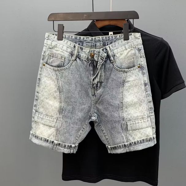 Men's Retro Blue Lightweight Printed Denim Shorts Unique Patchwork Slim Fit Mid Length Casual Summer Trousers_mkmklike.com