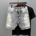 Men's Retro Blue Lightweight Printed Denim Shorts Unique Patchwork Slim Fit Mid Length Casual Summer Trousers_mkmklike.com