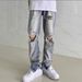 Men's High-Rise Vibe Style Ripped Zipper Jeans Hip Hop Distressed Simple Denim High Street Feel Summer_mkmklike.com