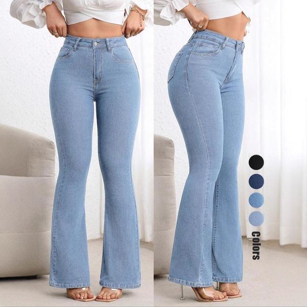 Women's High-Waisted Slim Fit Flared Jeans Solid Color Stretch Casual Hip Lifting European American Style Denim Pants_mkmklike.com