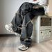 BOY Lushangshuai Oversize Men's American High Street Frayed Jeans Loose Straight Wide-Leg Cargo Pants Trendy_mkmklike.com