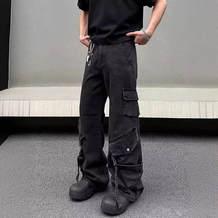 American High Street Cleanfit Black Big Pocket Cargo Jeans Men Straight Loose Vibe Pants Design Sense_mkmklike.com