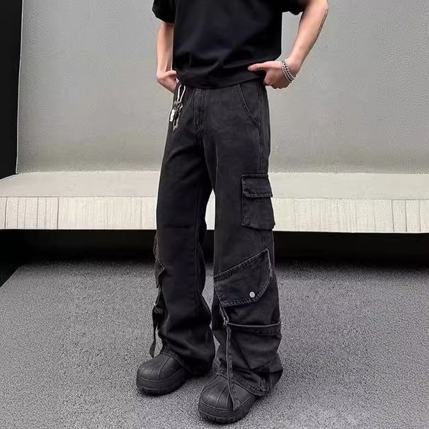 American High Street Cleanfit Black Big Pocket Cargo Jeans Men Straight Loose Vibe Pants Design Sense_mkmklike.com