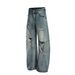 Men's Clothing Retro Street Neutral High End Washed Blue Street Tide Hole Design Loose Men's Scimitar Jeans_mkmklike.com