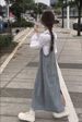 ELLE Youthful Autumn New Korean Fashion Loose High Waist Slimming Jumpsuit Denim Strap Dress Long Style_mkmklike.com