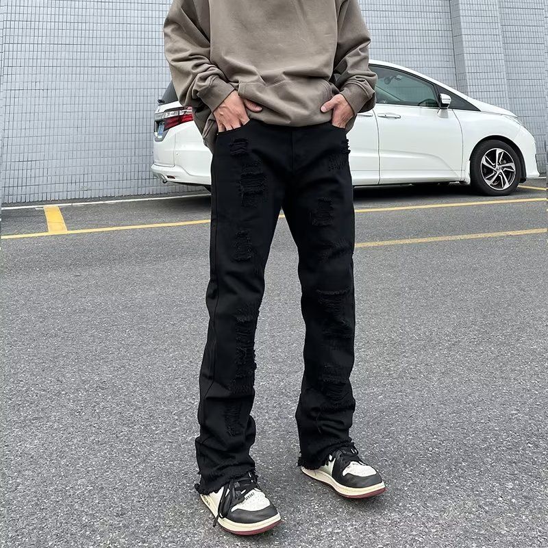 Men's White Distressed Jeans – High Street Straight Leg Ripped Hem Denim Pants (Mid-Rise, Vintage Wash, Light Stretch)_mkmklike.com