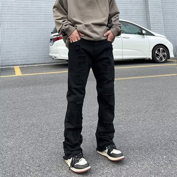 Men's White Distressed Jeans – High Street Straight Leg Ripped Hem Denim Pants (Mid-Rise, Vintage Wash, Light Stretch)_mkmklike.com