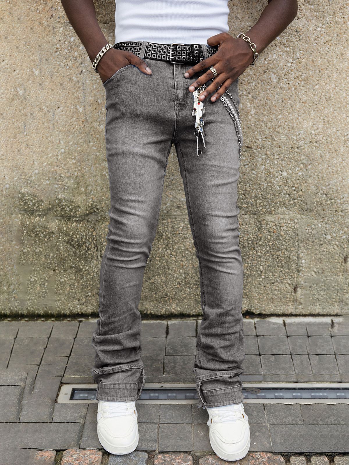 "Men's Stretch Denim Straight Leg Jeans – Trendy Patchwork Stacked Hem For Urban Streetwear"_mkmklike.com