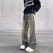 Men's Clothing Washed Yellow Mud Dyed Wide Leg Floor Length Jeans For Women, Loose Fitting, Retro, Distressed, Straight Leg._mkmklike.com