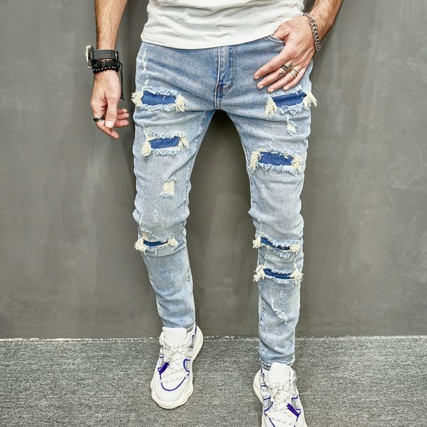 Men's Slim Fit Stretch Jeans – Distressed Denim With High-Street Style (Sizes 28-38, Classic Blue)_mkmklike.com