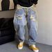 Men's Heavyweight Retro Ripped Patched Jeans Casual Straight Leg Loose Tapered Pants Autumn Fashion_mkmklike.com