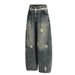 2025 New American Style Ripped Washed Pearl Waist Chain Jeans For Women Loose Wide-Leg Floor-Length Pants_mkmklike.com