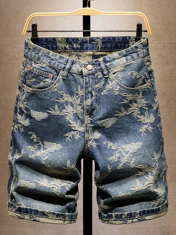 Men's Vintage Jacquard Denim Shorts - Retro American Style Stretch Mid-Thigh Casual Shorts For Summer (Light Blue)_mkmklike.com