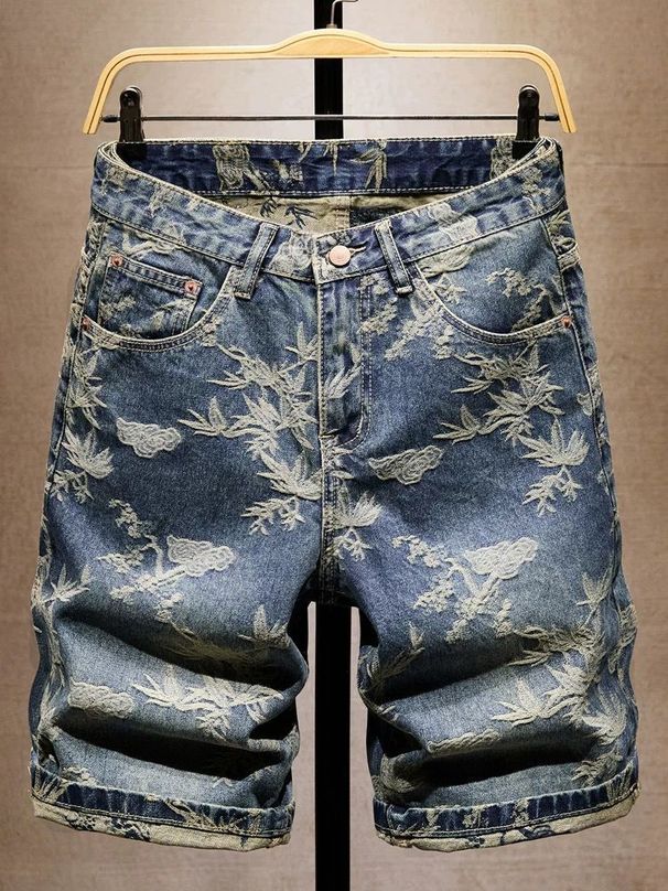 Men's Vintage Jacquard Denim Shorts - Retro American Style Stretch Mid-Thigh Casual Shorts For Summer (Light Blue)_mkmklike.com