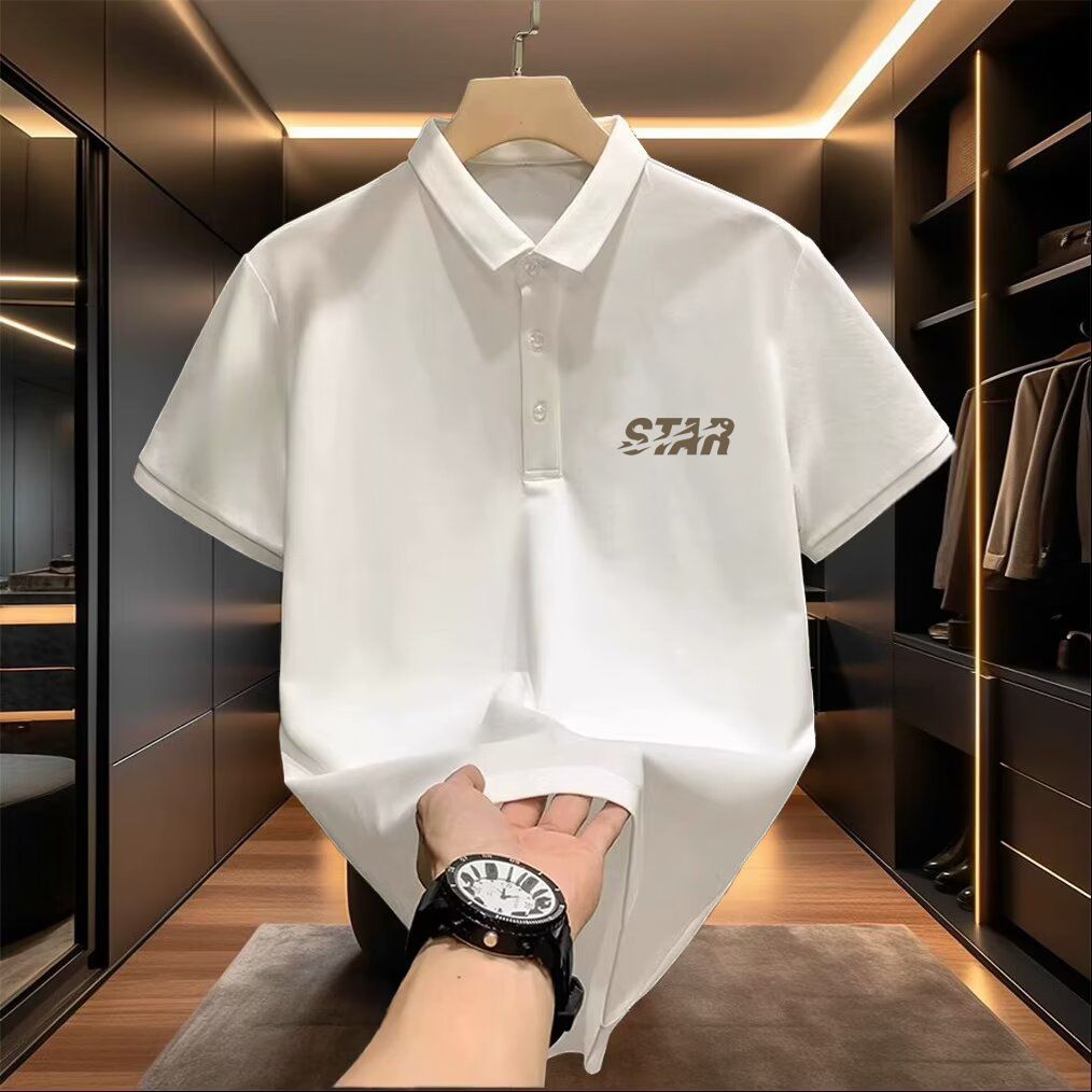 Men's Midweight Cotton Breathable Shirt Summer Short Sleeve T-Shirt White Casual Wear With Collar Print Machine Washable_mkmklike.com