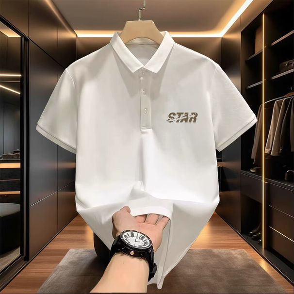 Men's Midweight Cotton Breathable Shirt Summer Short Sleeve T-Shirt White Casual Wear With Collar Print Machine Washable_mkmklike.com