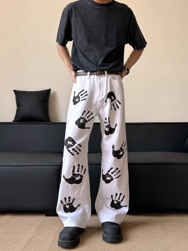"Men's Handprint Flared Jeans – Hip-Hop Vintage Wide-Leg Trousers (Retro Washed, Slimming Fit, High Stretch, Summer Streetwear)"_mkmklike.com