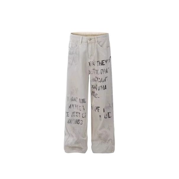 Distressed Parisian Street Style Letter Print Jeans For Men & Women - High Waist Straight Leg Baggy Wide Pants With Vintage Wash_mkmklike.com