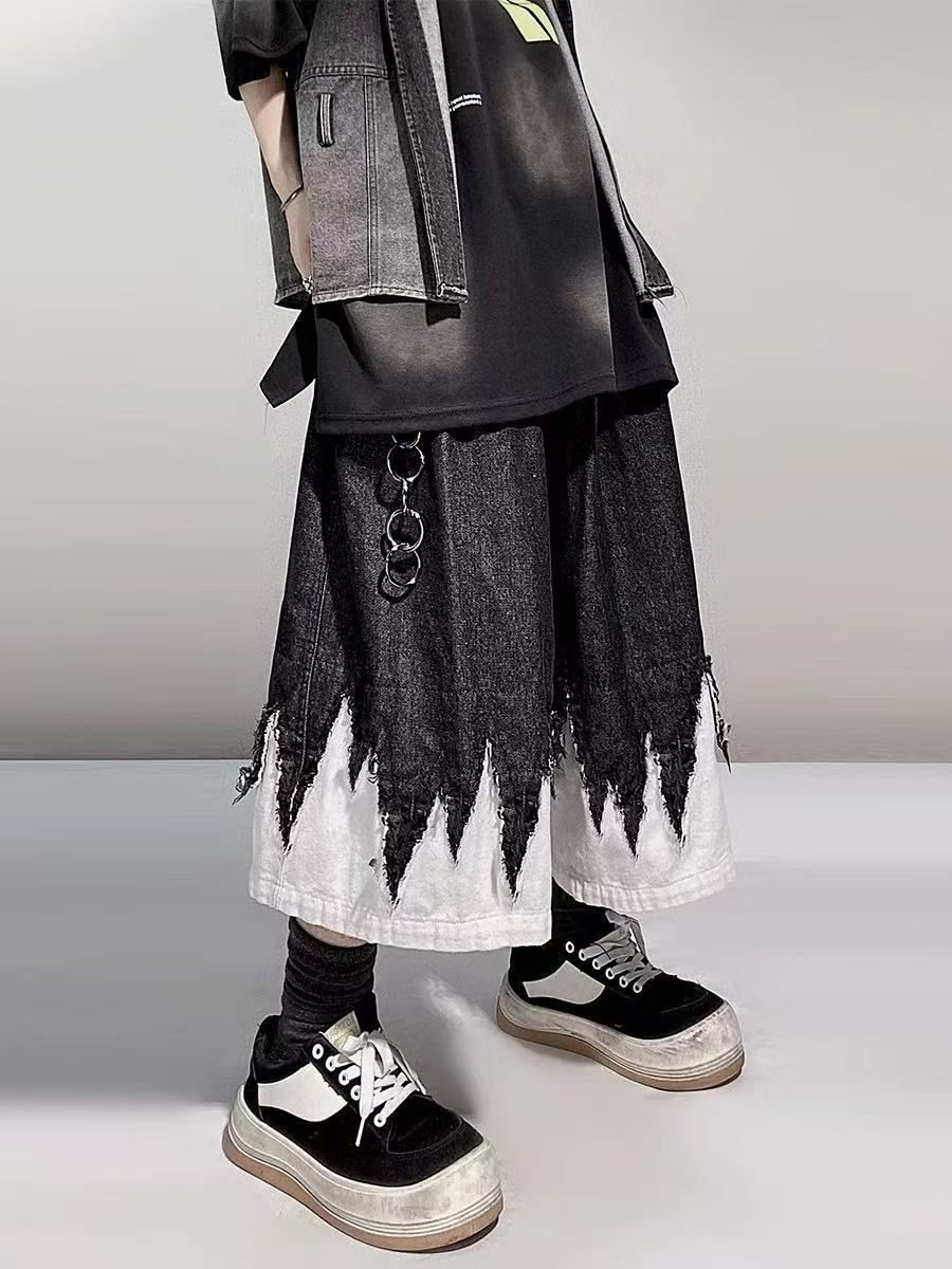 Men's Hip Hop Trendy Retro Five Point Pants High Street Wide Leg Denim Shorts Loose Vine Seven Point Pants_mkmklike.com