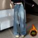 Women's Clothing Versatile Rhinestone Straight Leg Wide Leg Jeans Petite Regular Thickness Polyester Solid Pattern England Style Fashion_mkmklike.com